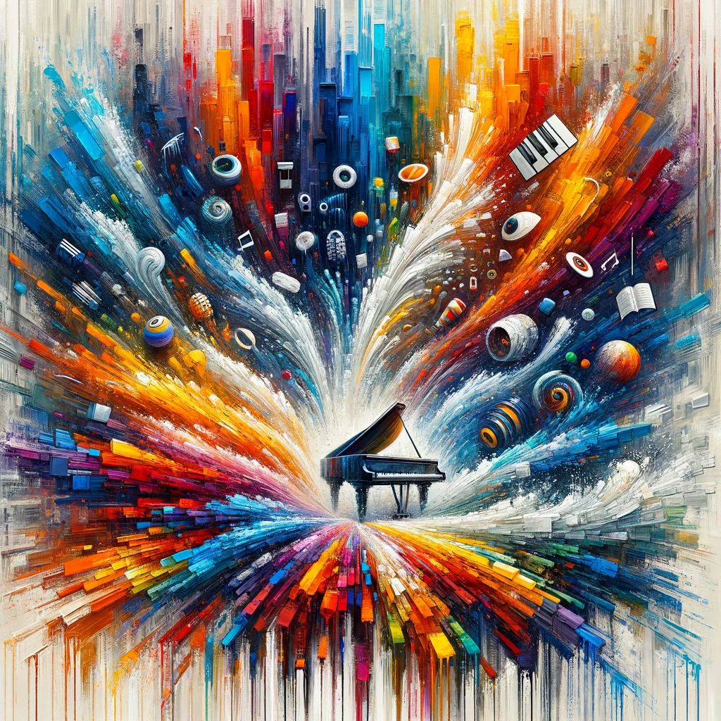 Colourful abstract artwork exploding from a grand piano