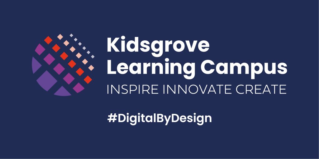 Blue Kidsgrove Learning Campus identity with multicolour geometric symbol