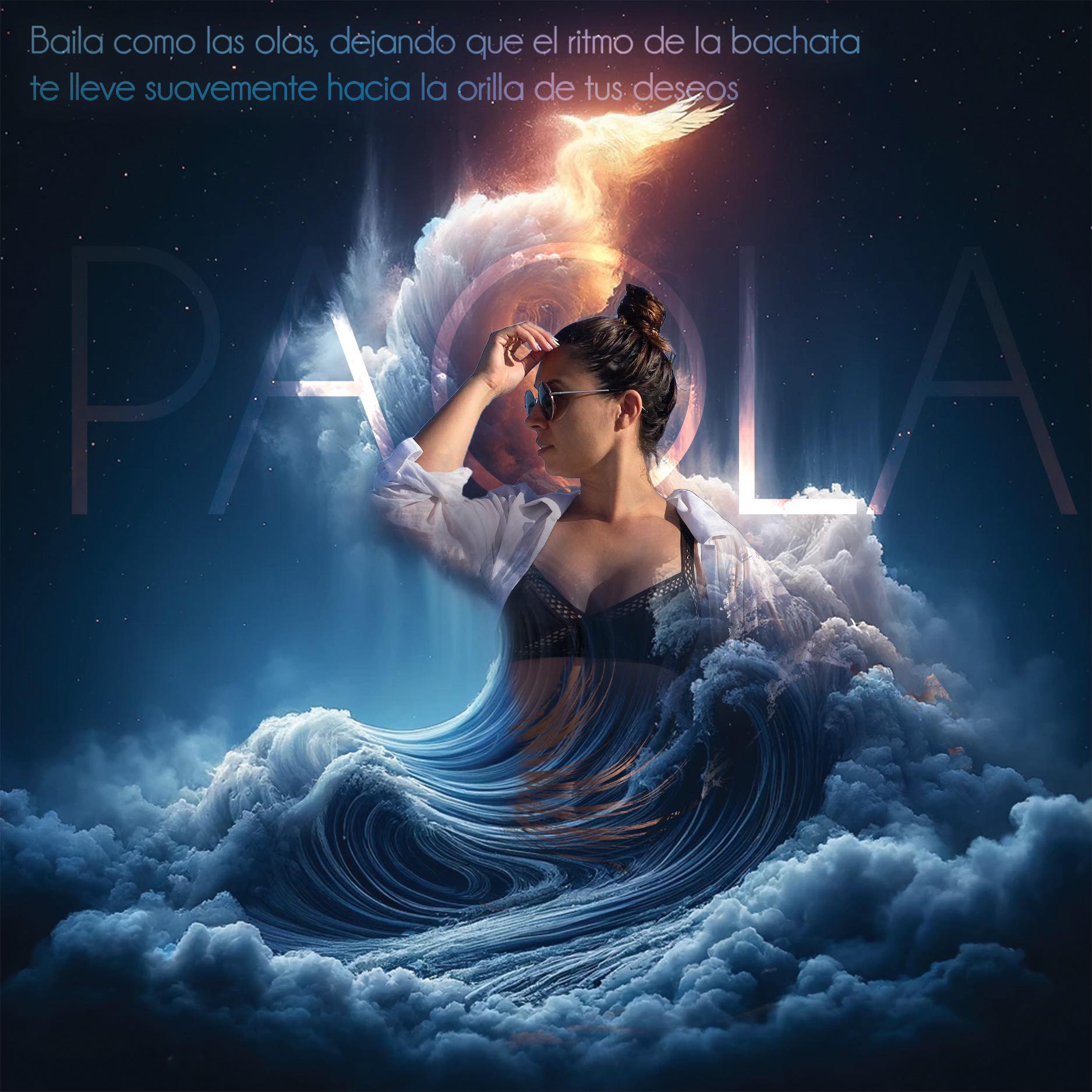 Paola portrait emerging from an ocean wave and clouds
