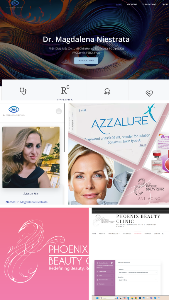 Montage of Dr Magdalena Niestrata personal brand, publishing and Phoenix Beauty clinic design